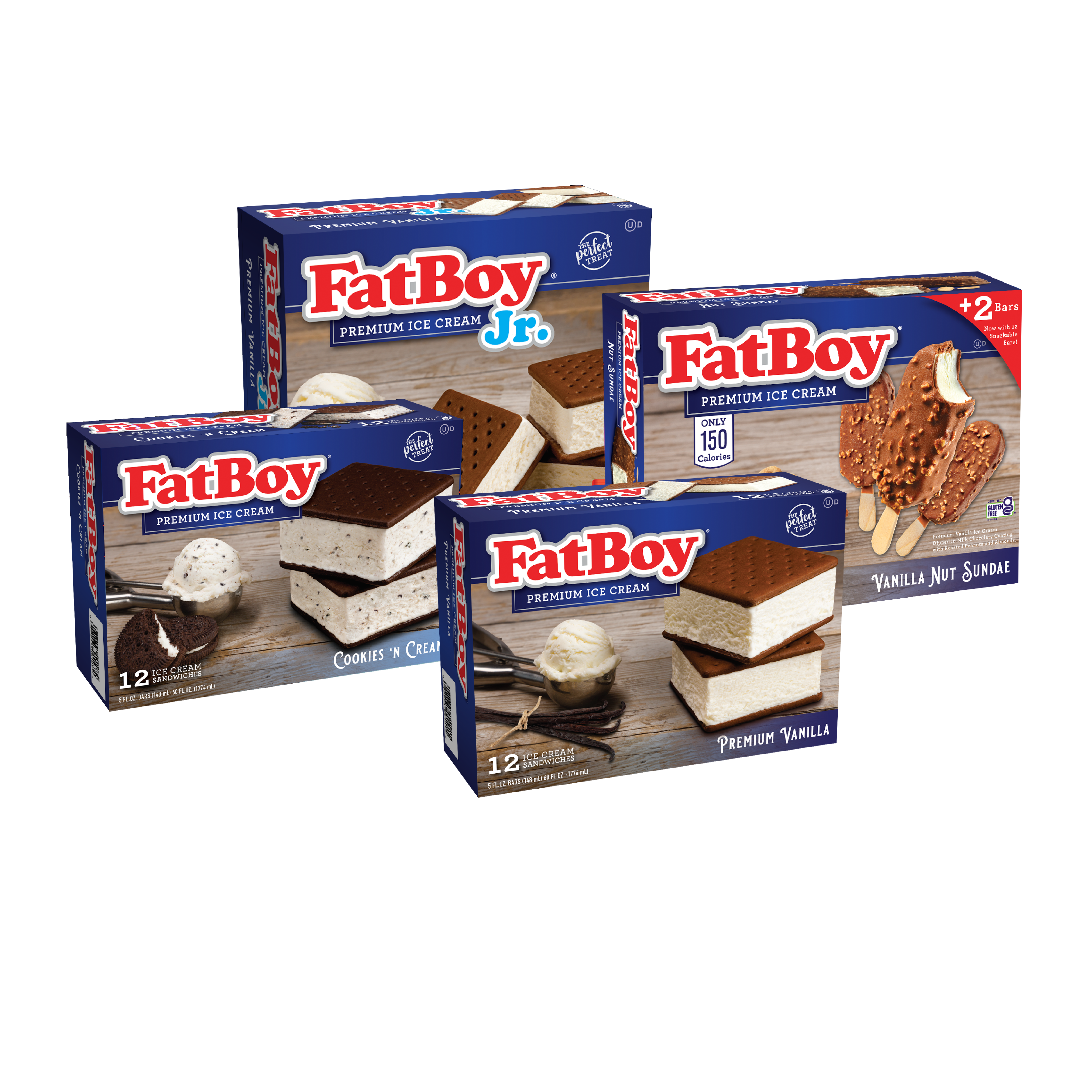 Fat Boy Product Line-Up: Cookies 'n Cream Ice Cream Sandwiches, Premium Vanilla Sandwiches, Jr. Sandwiches and Vanilla Nut Sundae Bar.