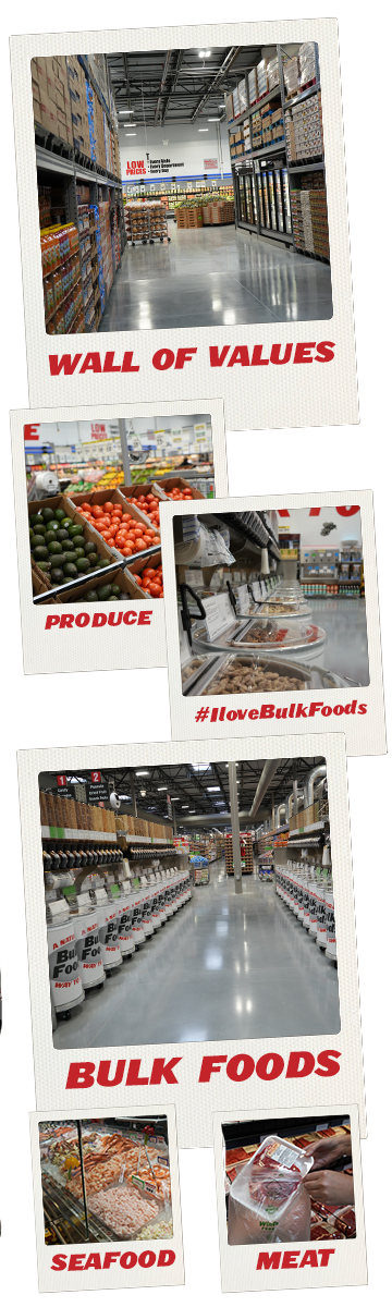 WinCo Foods Departments including Wall of Values, Produce, Bulk Foods, Seafood and Meat