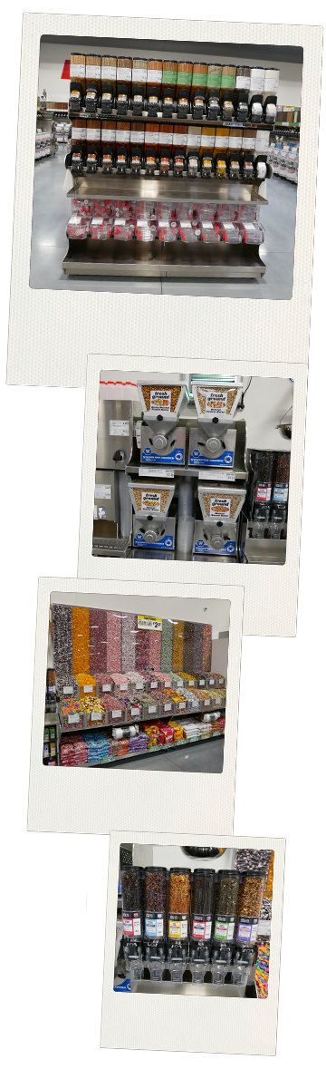 WinCo Bulk Foods Department including spices, fresh ground nut butter machine, candy and Tiesta loose leaf tea