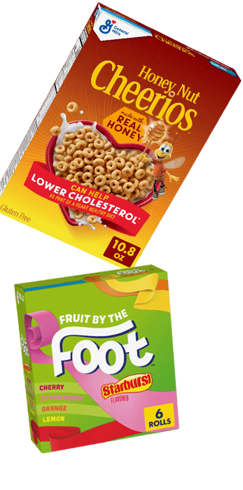 HoneynutCherrios-Fruit-by-theFoot A box of Honey Nut Cheerios and a box of Fruit by the Foot.