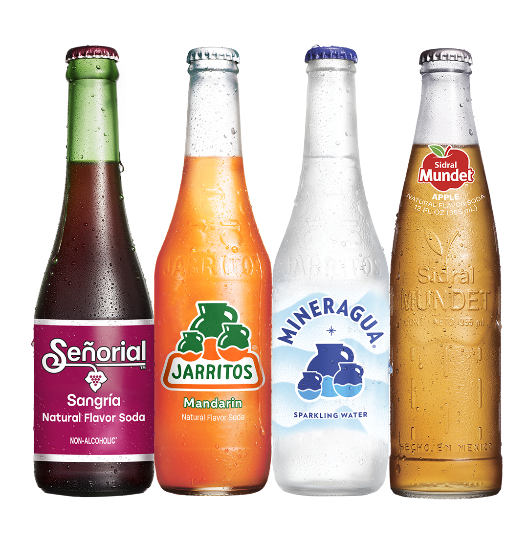 Line up of favorite Jarritos Drinks - Sangria, Jarritos, Mineragua and Sidral