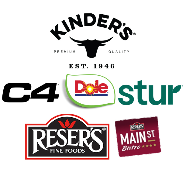 Brand logos: Kinder's, C4, Dole, Stur, Reser's & Main St. Bistro.